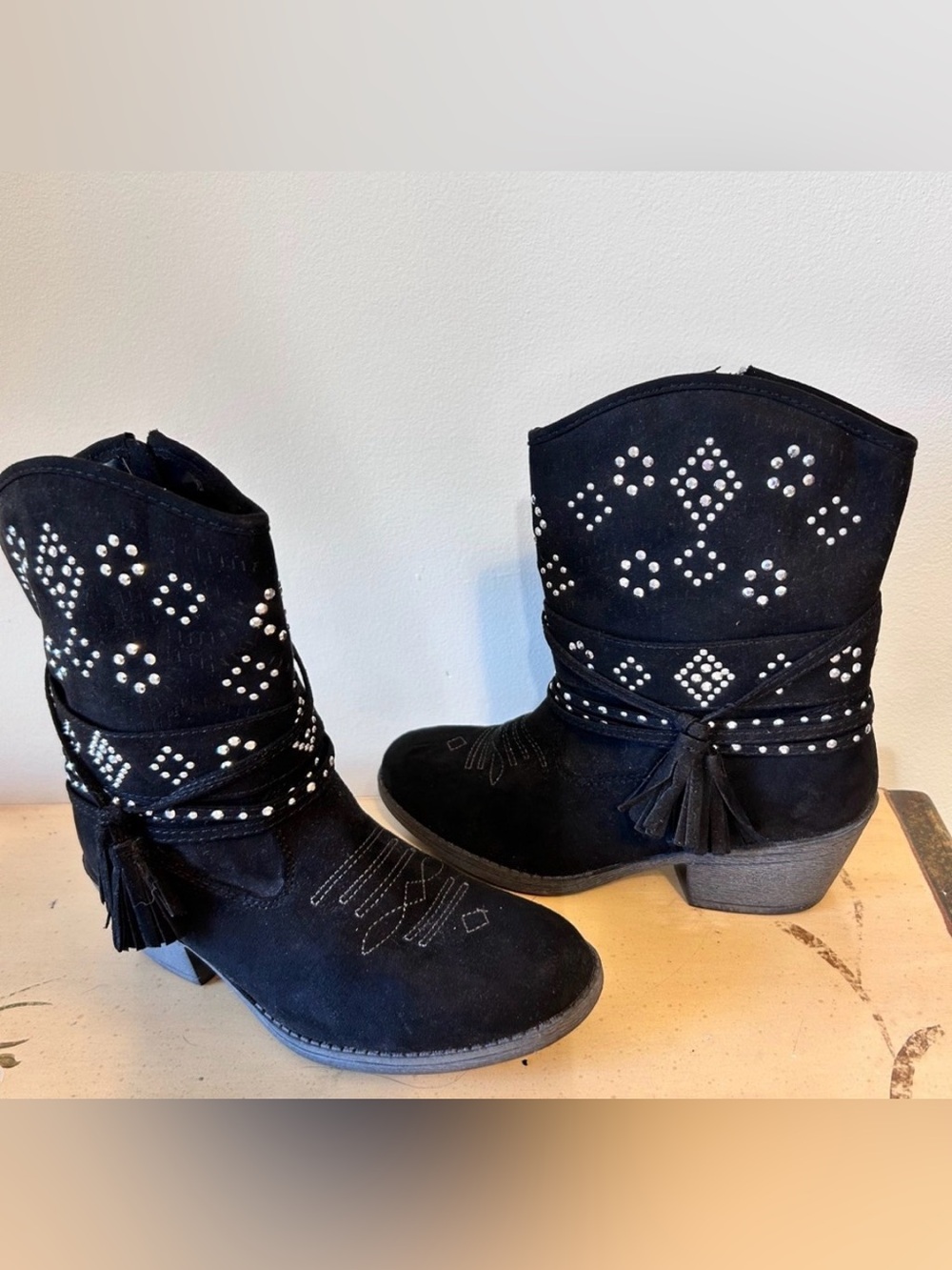 Justice Black Suede Silver Stud Boho Western Cowgirl Boots